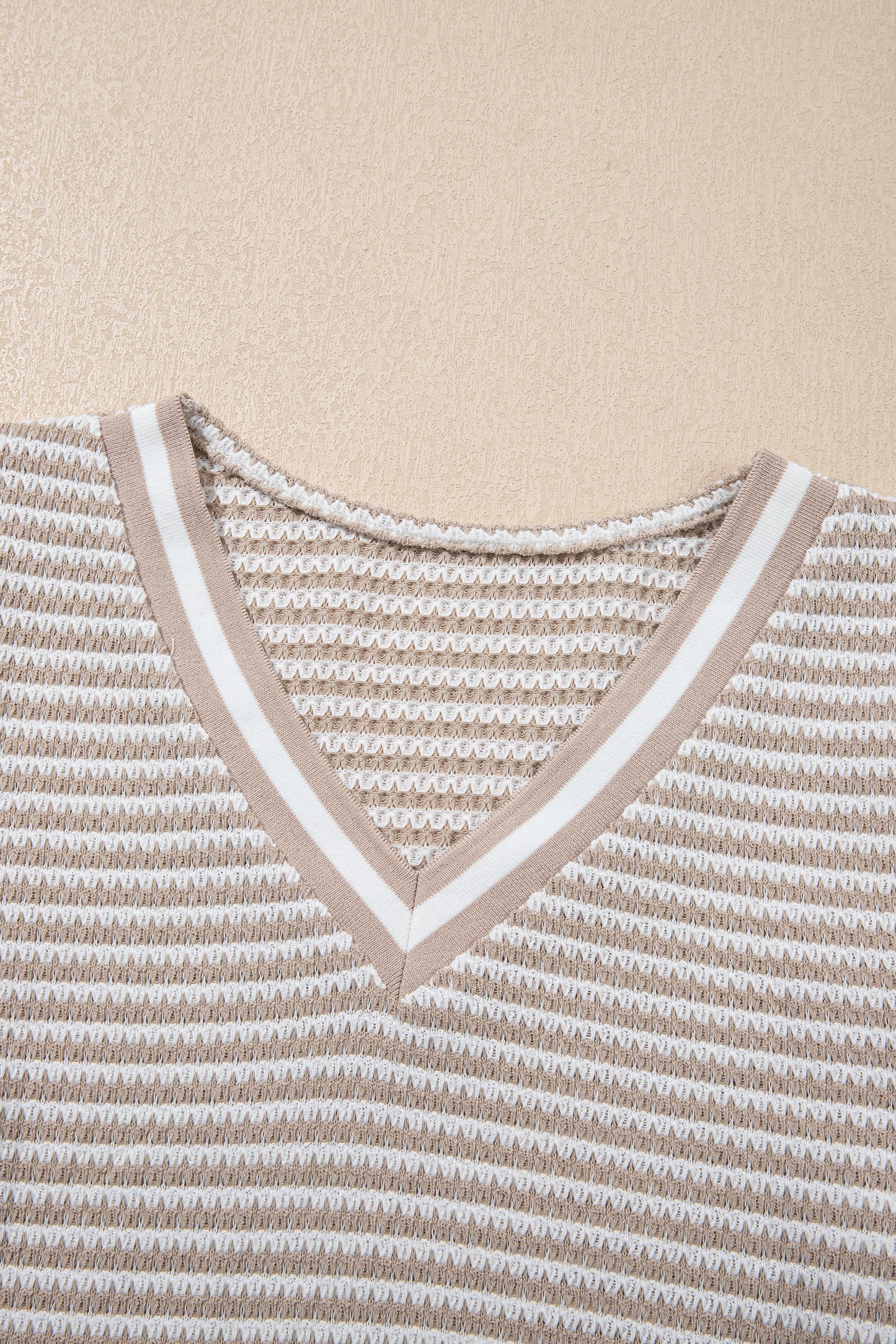 Beige Striped Textured Knit V Neck Casual Top
