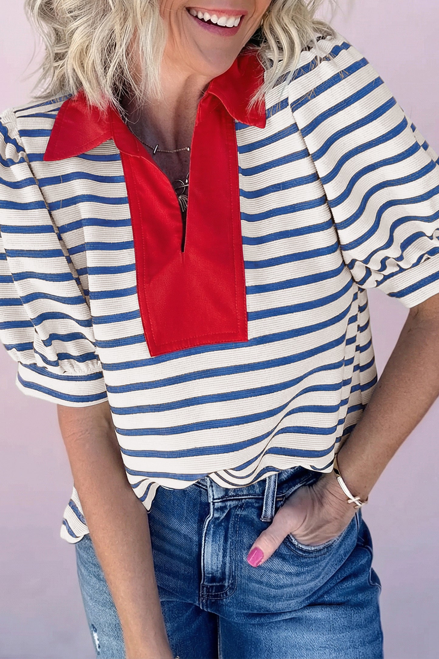 Blue Stripe Short Puff Sleeve Color Block Polo Collar Blouse