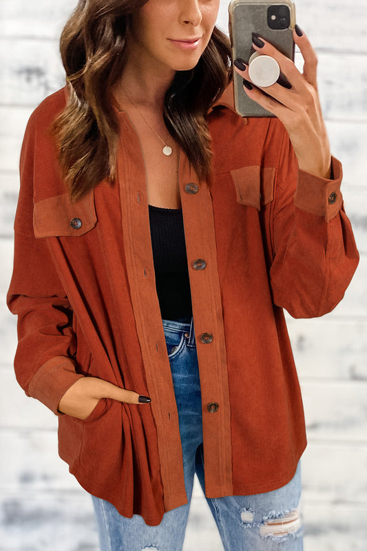 Gold Flame Velvet Flap Pockets Drop Shoulder Casual Shacket