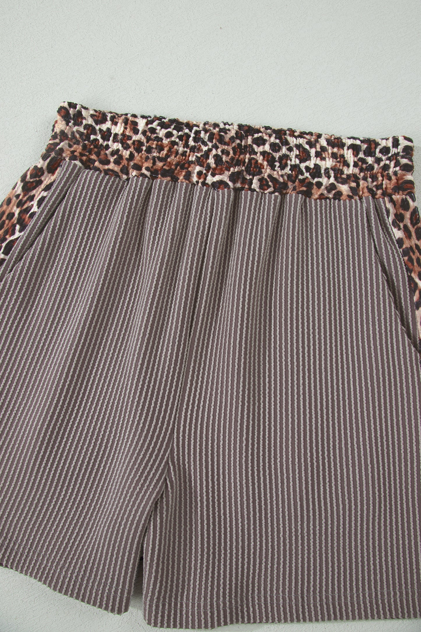 Light Grey Leopard Trim Twist Ribbed Short Set