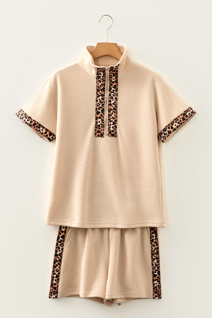 Parchment Leopard Trim Zipped Short Sleeve Casual Set