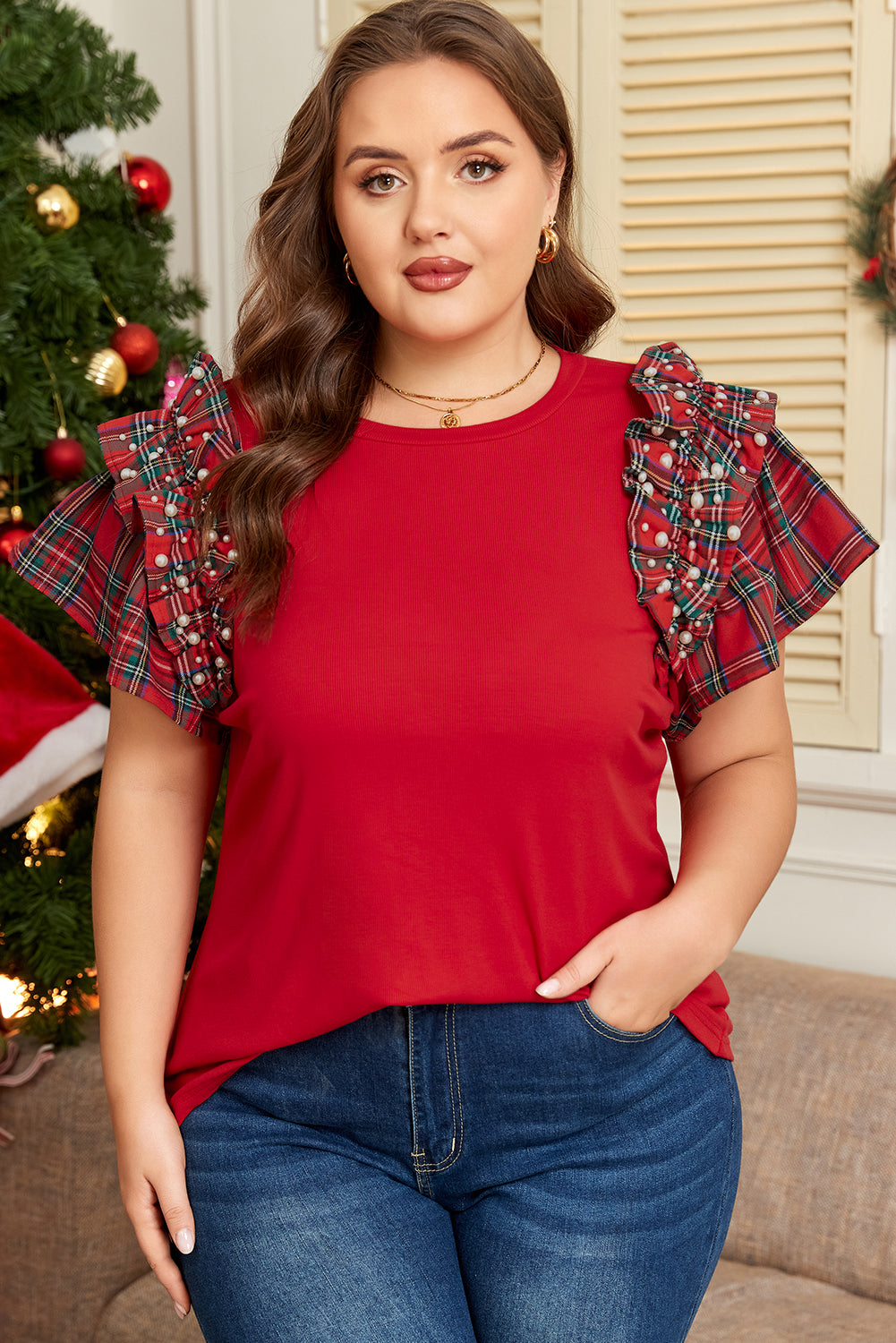 Racing Red Plaid Pearl Ruffled Short Sleeve Knitted Christmas Holiday Plus Size T-shirt