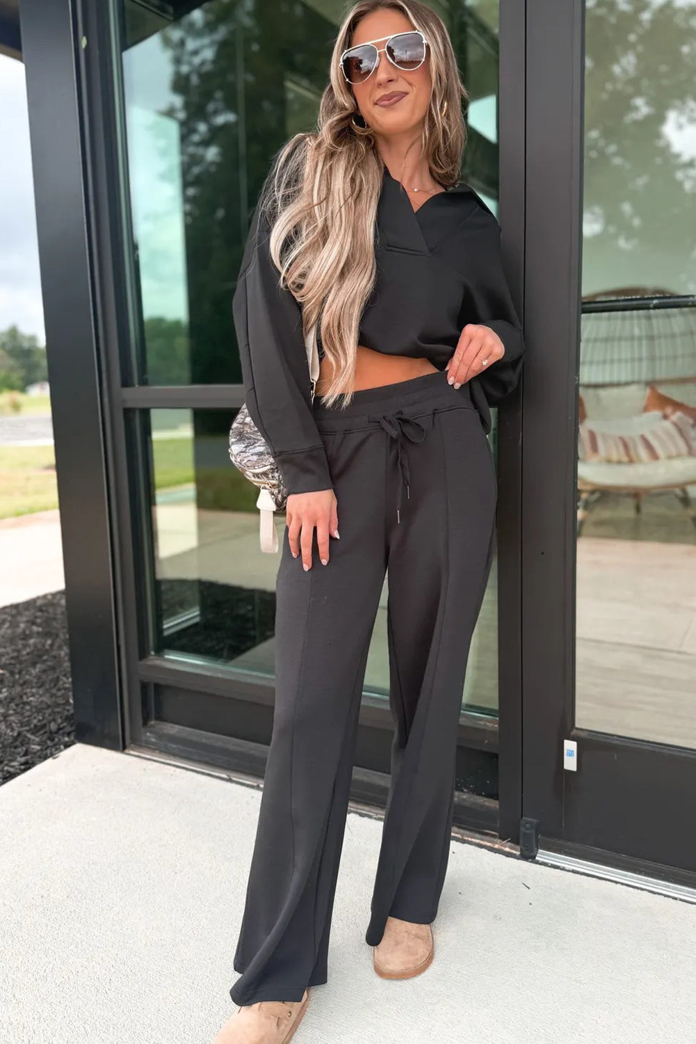 Bristol Black Collared V Neck Pullover Sweatshirt Sweatpants Set