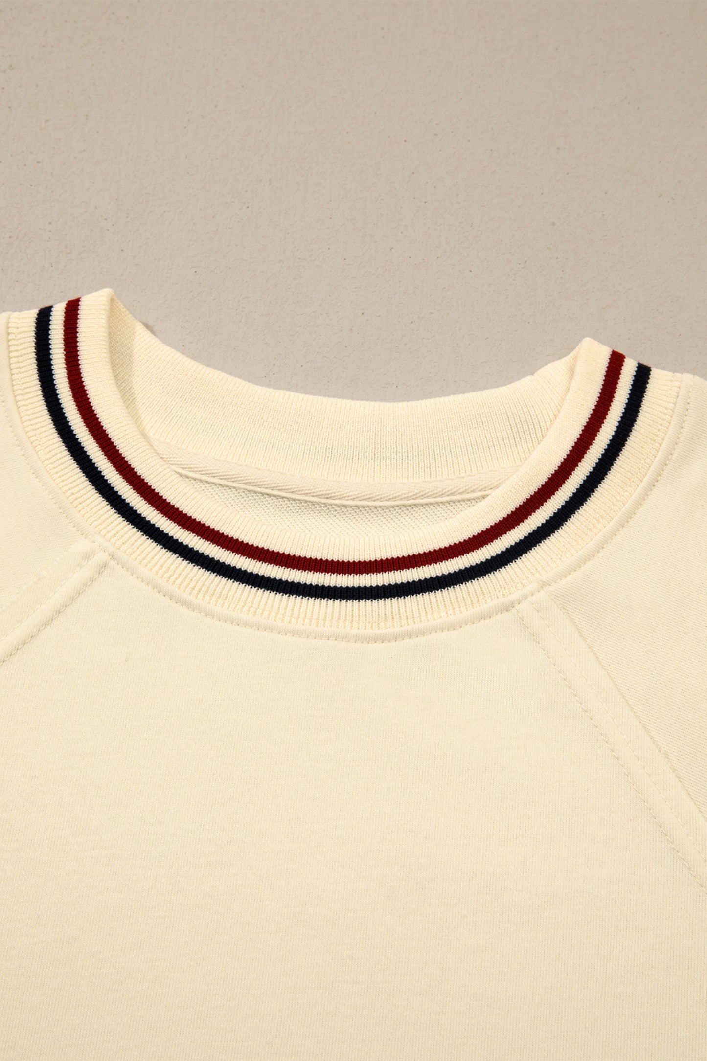 Beige Contrast Varsity Striped Neckline Cuffed Short Sleeve Loose Tunic Top