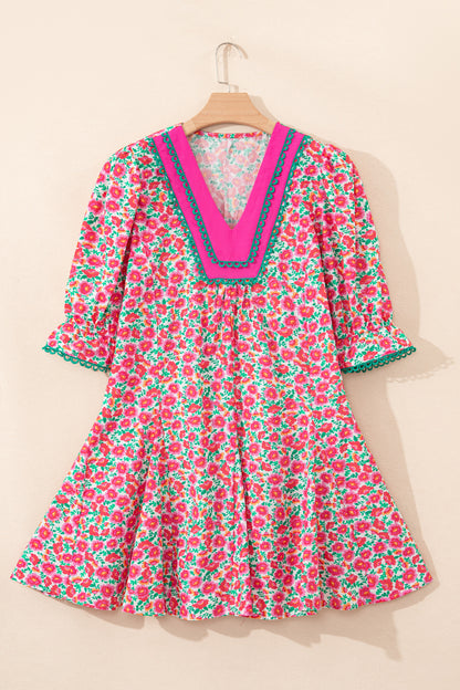 Pink Floral Print V Neck Patchwork Short Bubble Sleeve Mini Dress