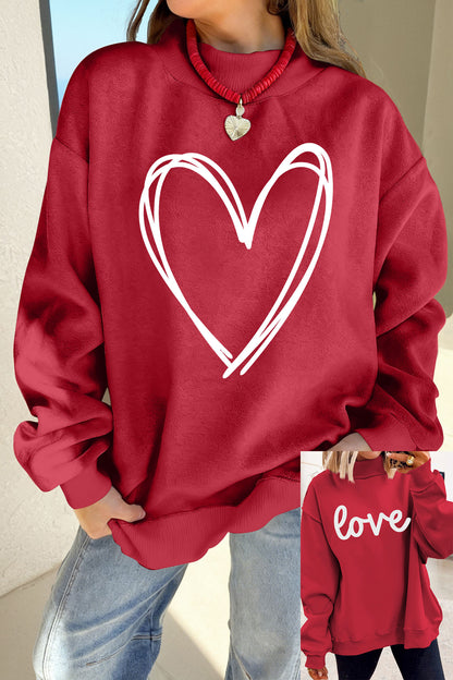 Racing Red Valentines Day Heart Love Script Reversible Printed Double Wear Mock Neck Sweatshirt