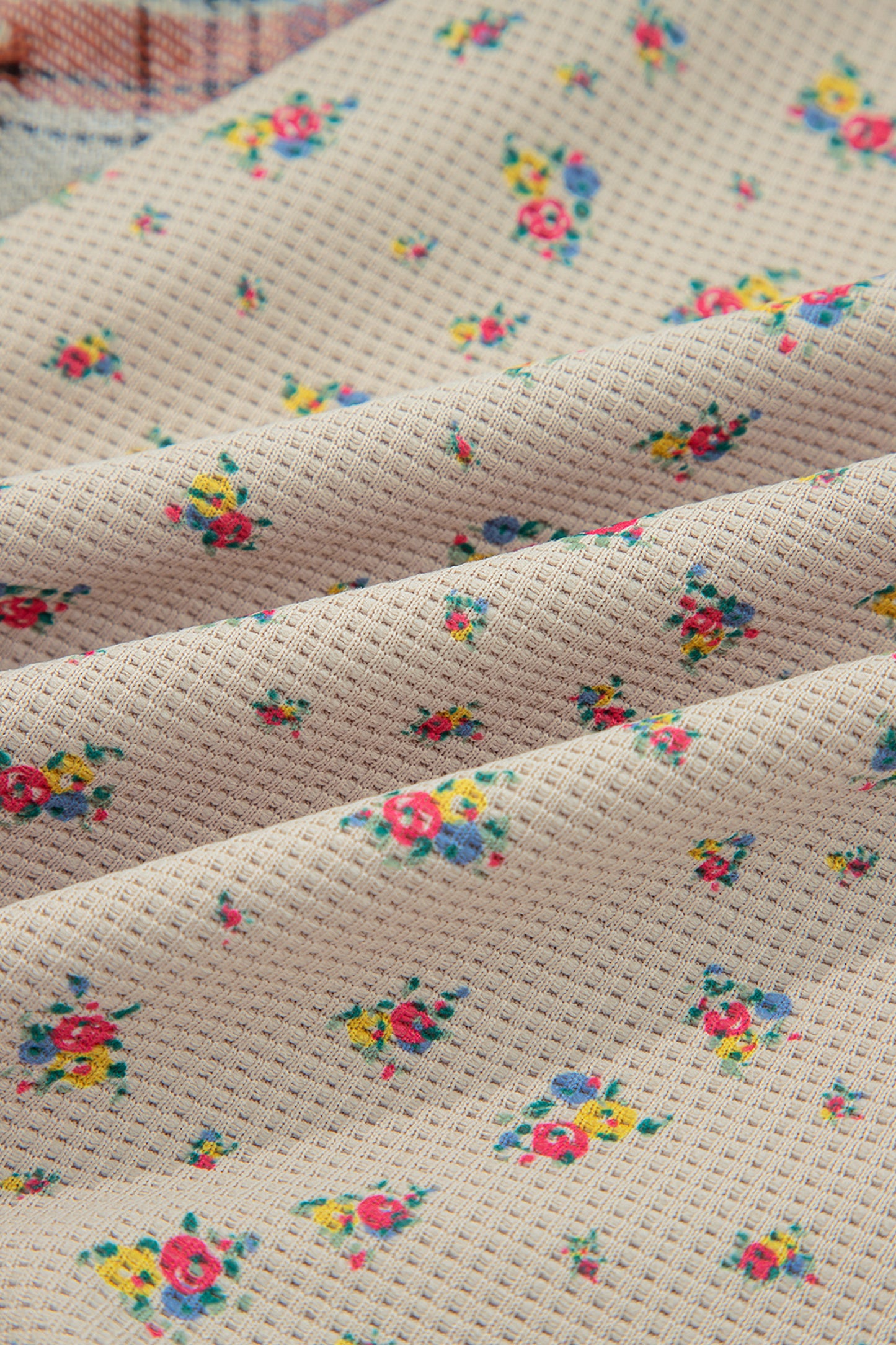 Ashleigh Blue Boho Floral Plaid Patchwork Distressed Detail Ruffled Sleeve Waffle Knit Shacket