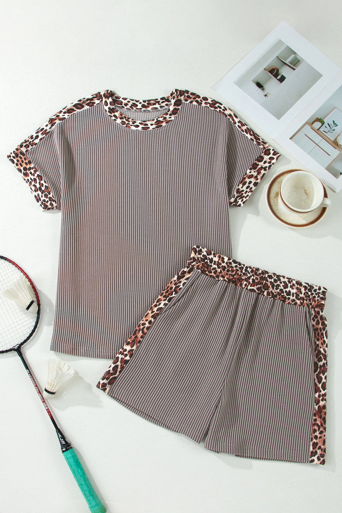 Light Grey Leopard Trim Twist Ribbed Short Set