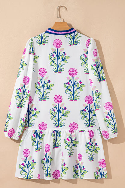 White Floral Print Contrast Striped Trim Notched Neck Long Sleeve Dress