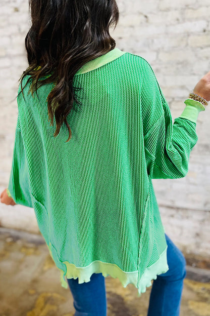 Bright Green Twisted Rib St Patricks Day Sequin Patch Graphic Long Sleeve Top