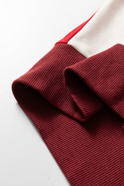 Fiery Red Color Block Patchwork Snap Button Polo Sweatshirt