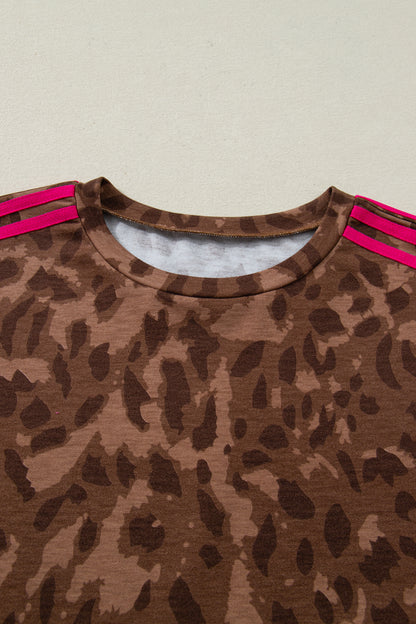 Brown Contrast Striped Accent Leopard Short Set